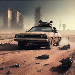 A post-apocalyptic scene inspired by Mad Max where Mad Max is being chased by a vehicle designed to look like a Z80 processor