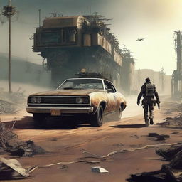 A post-apocalyptic scene inspired by Mad Max where Mad Max is being chased by a vehicle designed to look like a Z80 processor