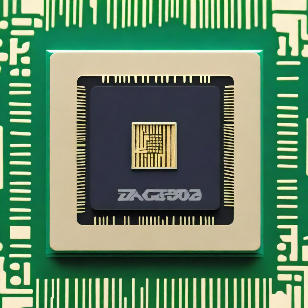 An image of a Z80 CPU processor chip, prominently displayed with all its intricate details