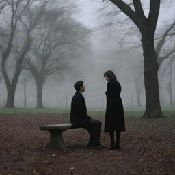 The previously described couple, the solitary girl and the mysterious man, sharing a joyous moment in the eerie park, the gloom contrasting with their radiant happiness.