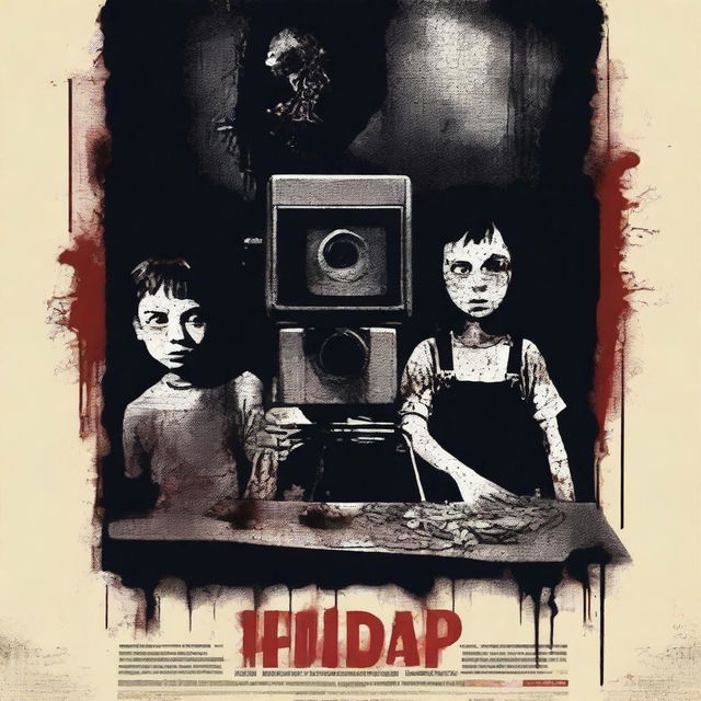 A movie poster without people, focusing on the dark and disturbing theme of two men who kidnap a group of girls and film their torture on a video camera