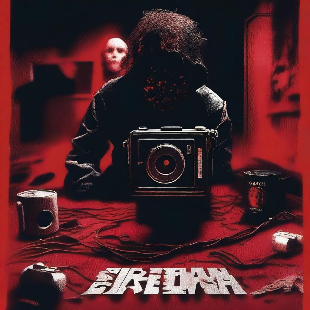 A realistic movie poster without people, focusing on the dark theme of two men who kidnap a group of girls and film their torture