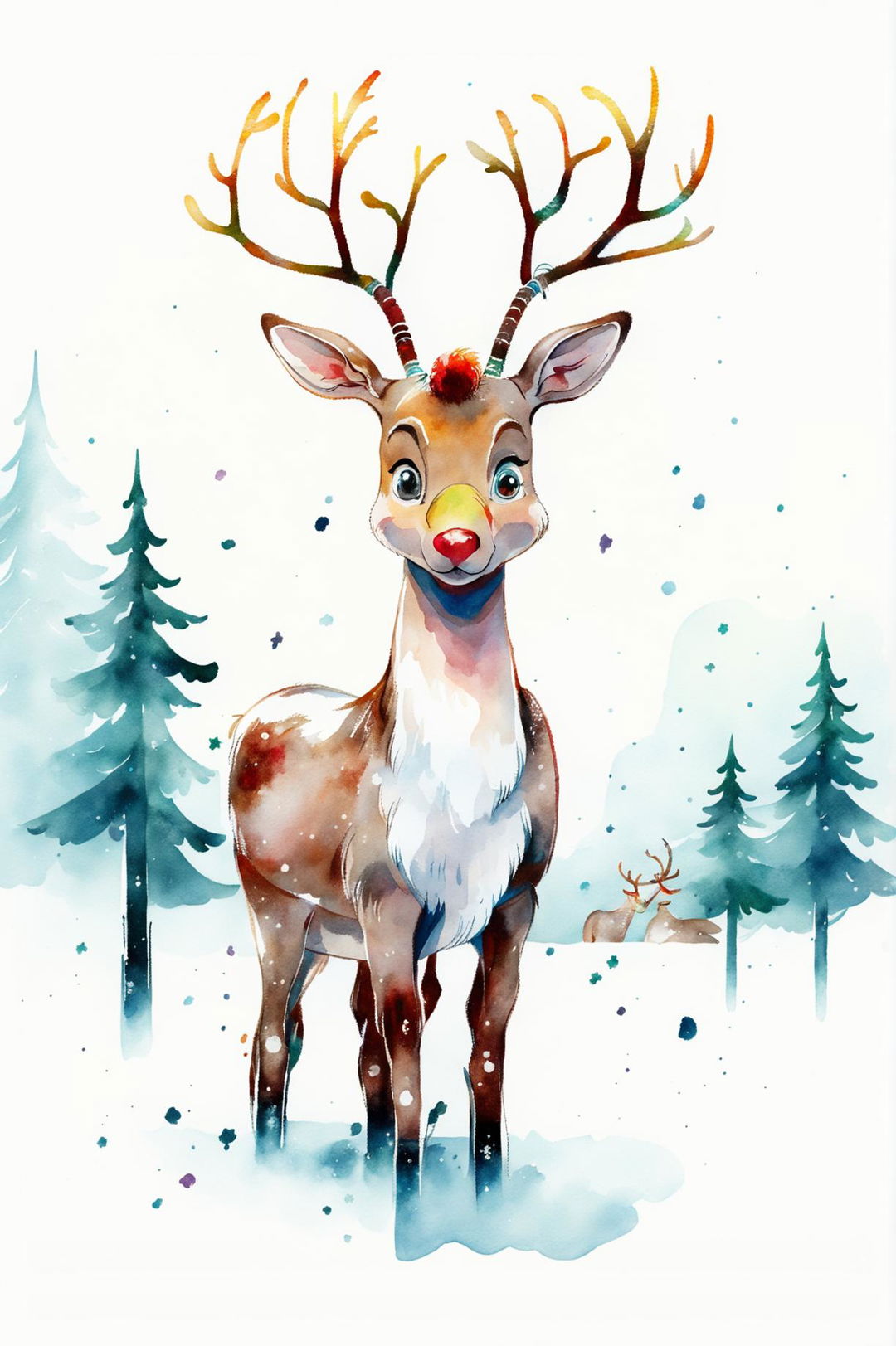 A beautiful watercolour painting of Rudolph the reindeer with his iconic red nose, standing in a snowy landscape with a twilight sky and Northern Lights, capturing the magic of the holiday season