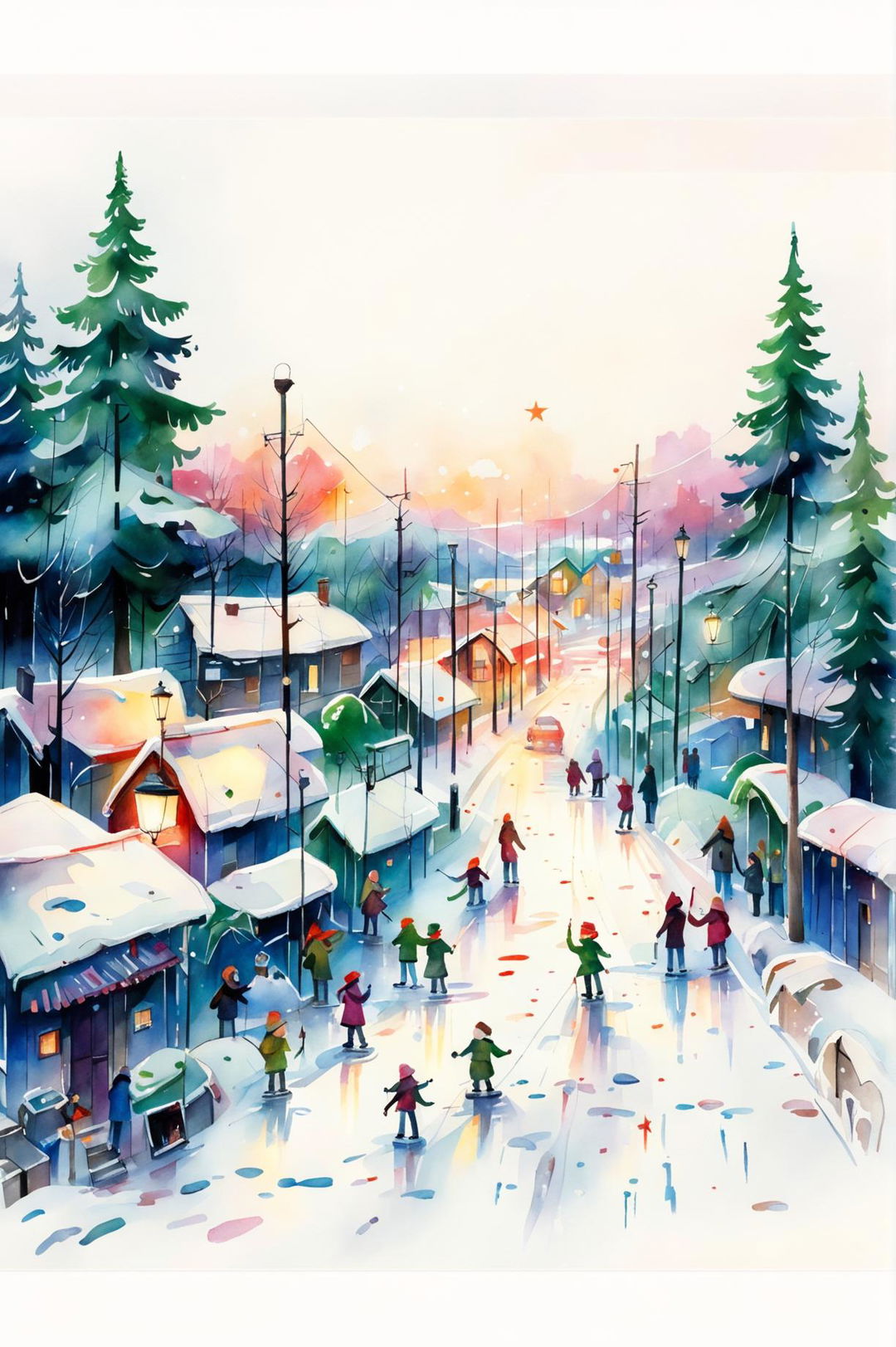 A beautiful watercolour painting of a Christmas scene in a picturesque winter village, featuring a decorated tree, villagers singing carols, children playing in the snow, and a twilight sky with stars and Northern Lights