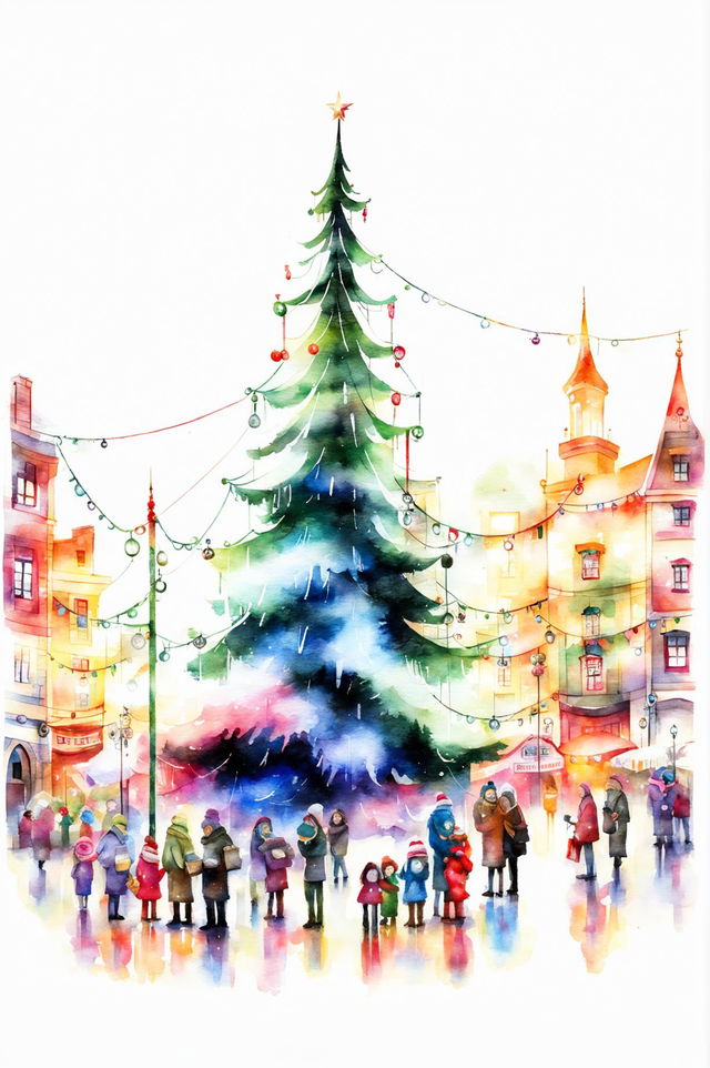 A beautiful watercolour painting of a Christmas tree in a festive town square, surrounded by families, friends, and holiday decorations