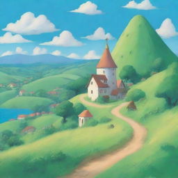 A serene landscape in the style of Studio Ghibli, featuring lush green hills, a clear blue sky with fluffy clouds, and a quaint village in the distance