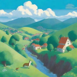 A serene landscape in the style of Studio Ghibli, featuring lush green hills, a clear blue sky with fluffy clouds, and a quaint village in the distance