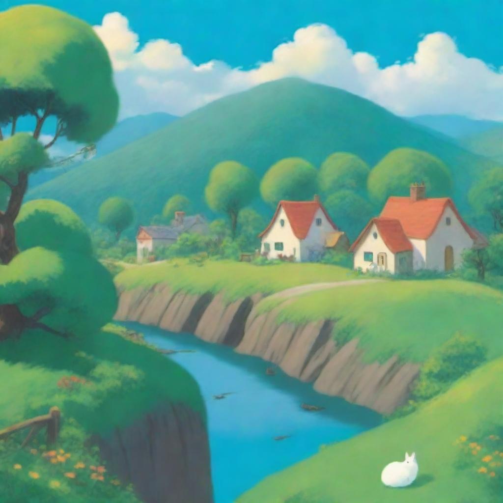 A serene landscape in the style of Studio Ghibli, featuring lush green hills, a clear blue sky with fluffy clouds, and a quaint village in the distance