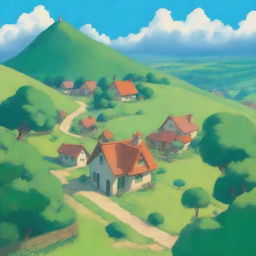 A serene landscape in the style of Studio Ghibli, featuring lush green hills, a clear blue sky with fluffy clouds, and a quaint village in the distance