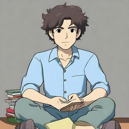 A Studio Ghibli styled man with no facial hair, curly and fluffy dark brown hair, and pale skin