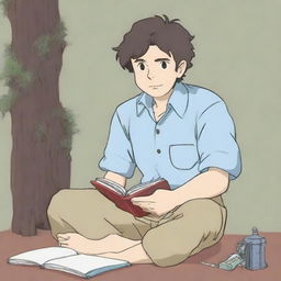 A Studio Ghibli styled man with no facial hair, curly and fluffy dark brown hair, and pale skin