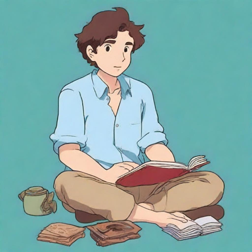 A Studio Ghibli styled man with no facial hair, curly and fluffy dark brown hair, and pale skin