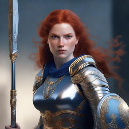 A redhead valkyrie with a closed helmet, wearing blue and silver armor