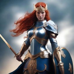 A redhead valkyrie with a closed helmet, wearing blue and silver armor