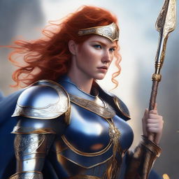 A redhead valkyrie with a closed helmet, wearing blue and silver armor