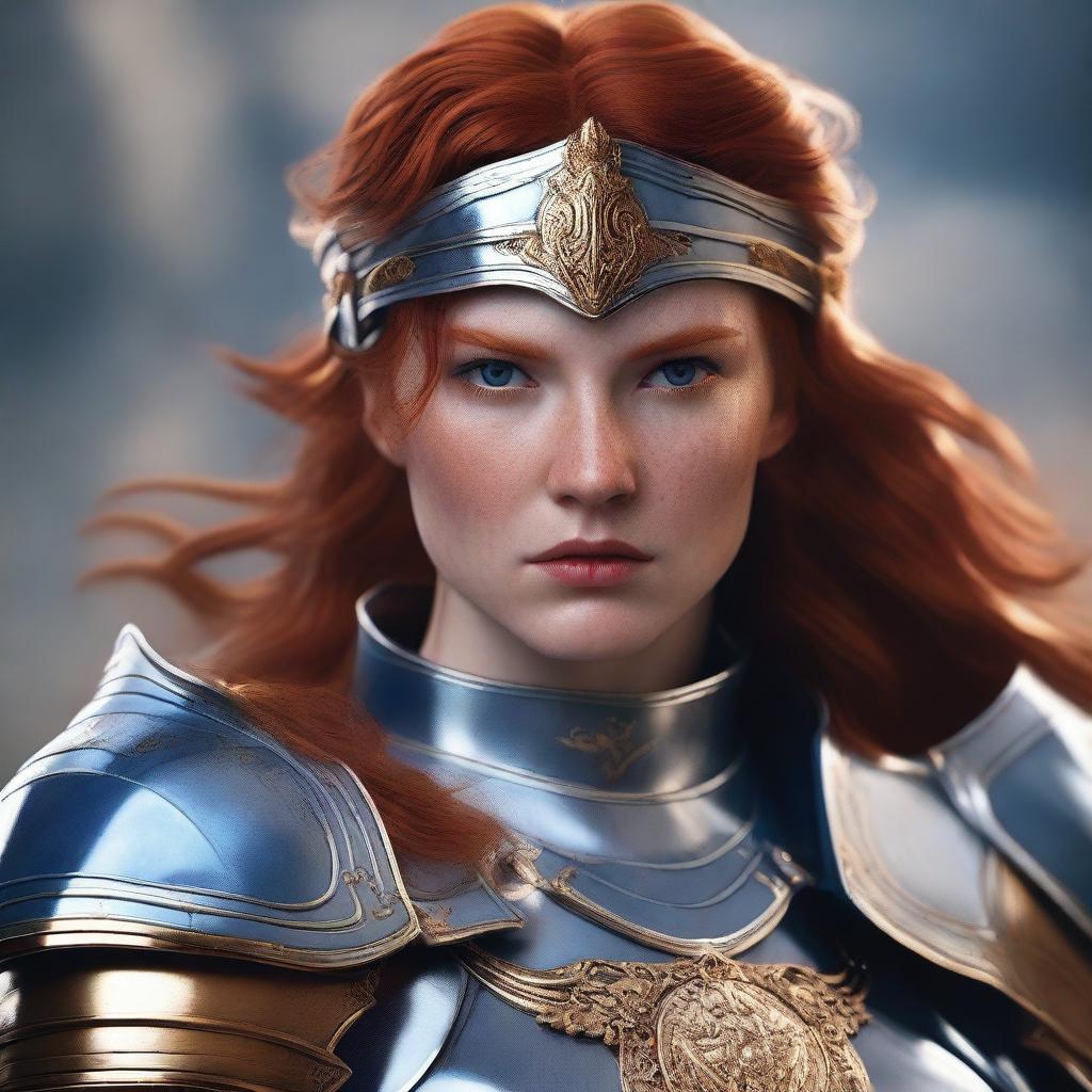 A redhead valkyrie with a closed helmet, wearing blue and silver armor