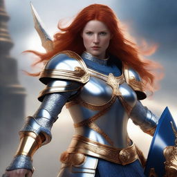 A redhead valkyrie with a helmet, wearing blue and silver armor