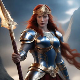 A redhead valkyrie with a helmet, wearing blue and silver armor