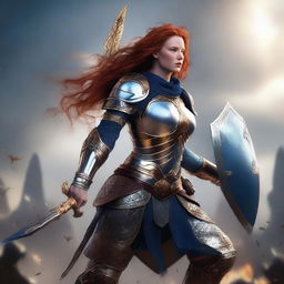 A redhead valkyrie with a helmet, wearing blue and silver armor