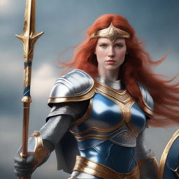 A redhead valkyrie with a helmet, wearing blue and silver armor