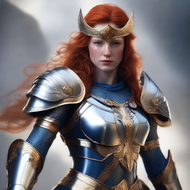 A redhead valkyrie with a faceplate helmet, wearing blue and silver armor