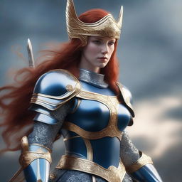 A redhead valkyrie with a faceplate helmet, wearing blue and silver armor