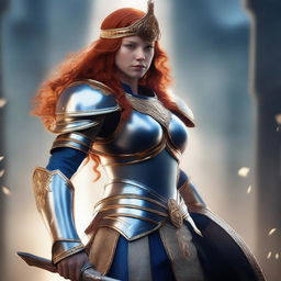 A redhead valkyrie with a faceplate helmet, wearing blue and silver armor