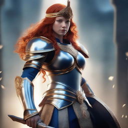 A redhead valkyrie with a faceplate helmet, wearing blue and silver armor