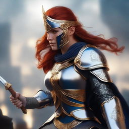 A redhead valkyrie with a faceplate helmet, wearing blue and silver armor