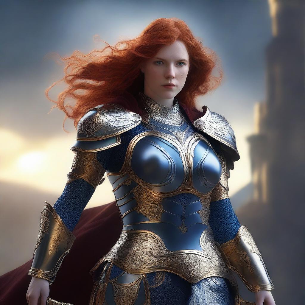 A redhead valkyrie with a faceplate, wearing blue and silver armor