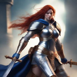 A redhead valkyrie with a faceplate, wearing blue and silver armor