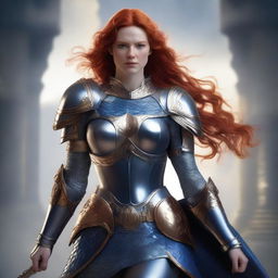 A redhead valkyrie with a faceplate, wearing blue and silver armor