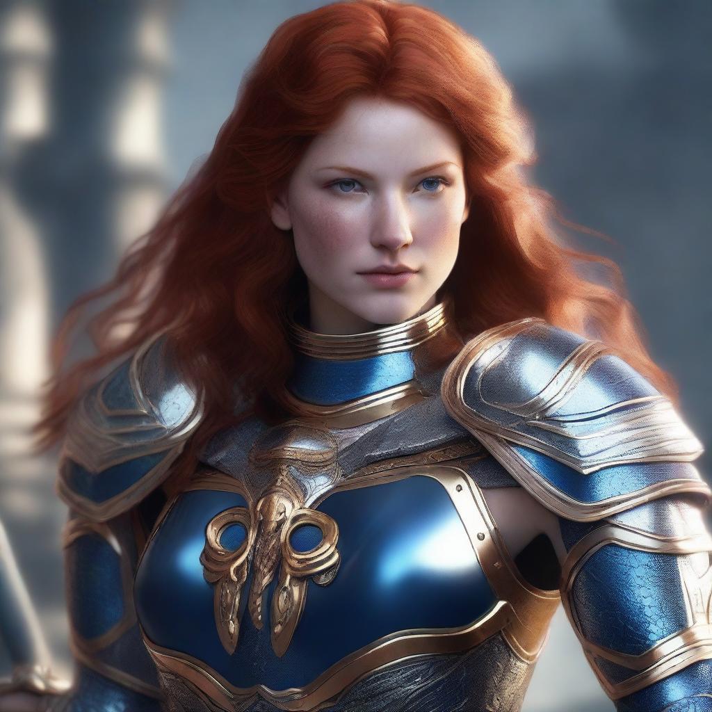 A redhead valkyrie with a faceplate, wearing blue and silver armor