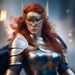 A redhead valkyrie with a mask and helmet, wearing blue and silver armor