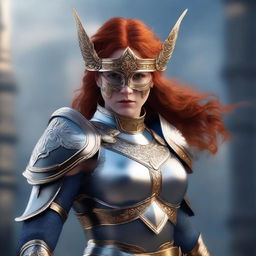 A redhead valkyrie with a mask and helmet, wearing blue and silver armor