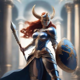 A redhead valkyrie with a mask and helmet, wearing blue and silver armor