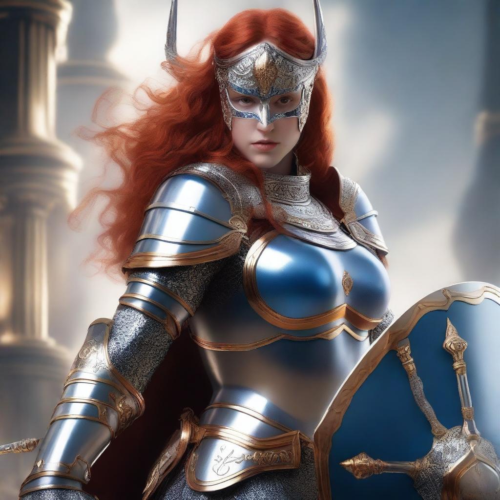 A redhead valkyrie with a mask and helmet, wearing blue and silver armor