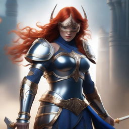 A redhead valkyrie with a mask and helmet, wearing blue and silver armor