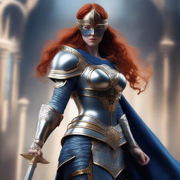 A redhead valkyrie with a mask and helmet, wearing blue and silver armor