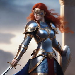 A redhead valkyrie with a mask and helmet, wearing blue and silver armor