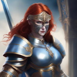 A redhead female paladin with a mask and helmet, wearing blue and silver armor