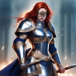 A redhead female paladin with a mask and helmet, wearing blue and silver armor