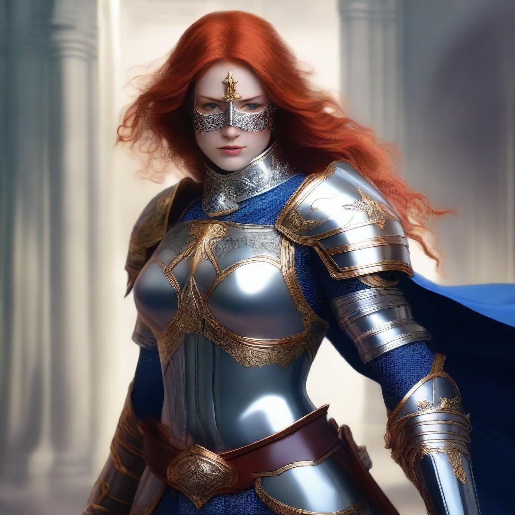 A redhead female paladin with a mask and helmet, wearing blue and silver armor