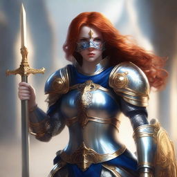 A redhead female paladin with a mask and helmet, wearing blue and silver armor