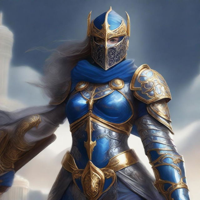 A female paladin with a mask and helmet, wearing blue and silver armor