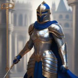 A female paladin with a mask and helmet, wearing blue and silver armor