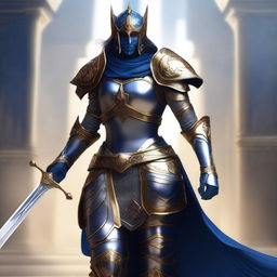 A female paladin with a mask and helmet, wearing blue and silver armor