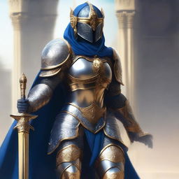 A female paladin with a mask and helmet, wearing blue and silver armor