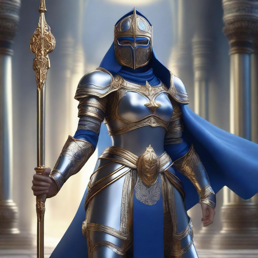 A female paladin with a mask and helmet, wearing blue and silver armor