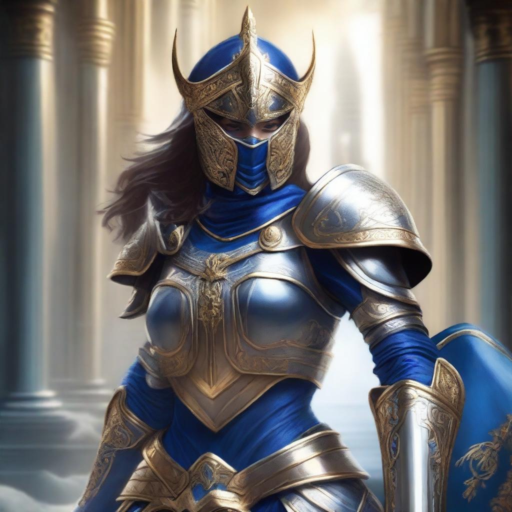 A female paladin with a mask and helmet, wearing blue and silver armor